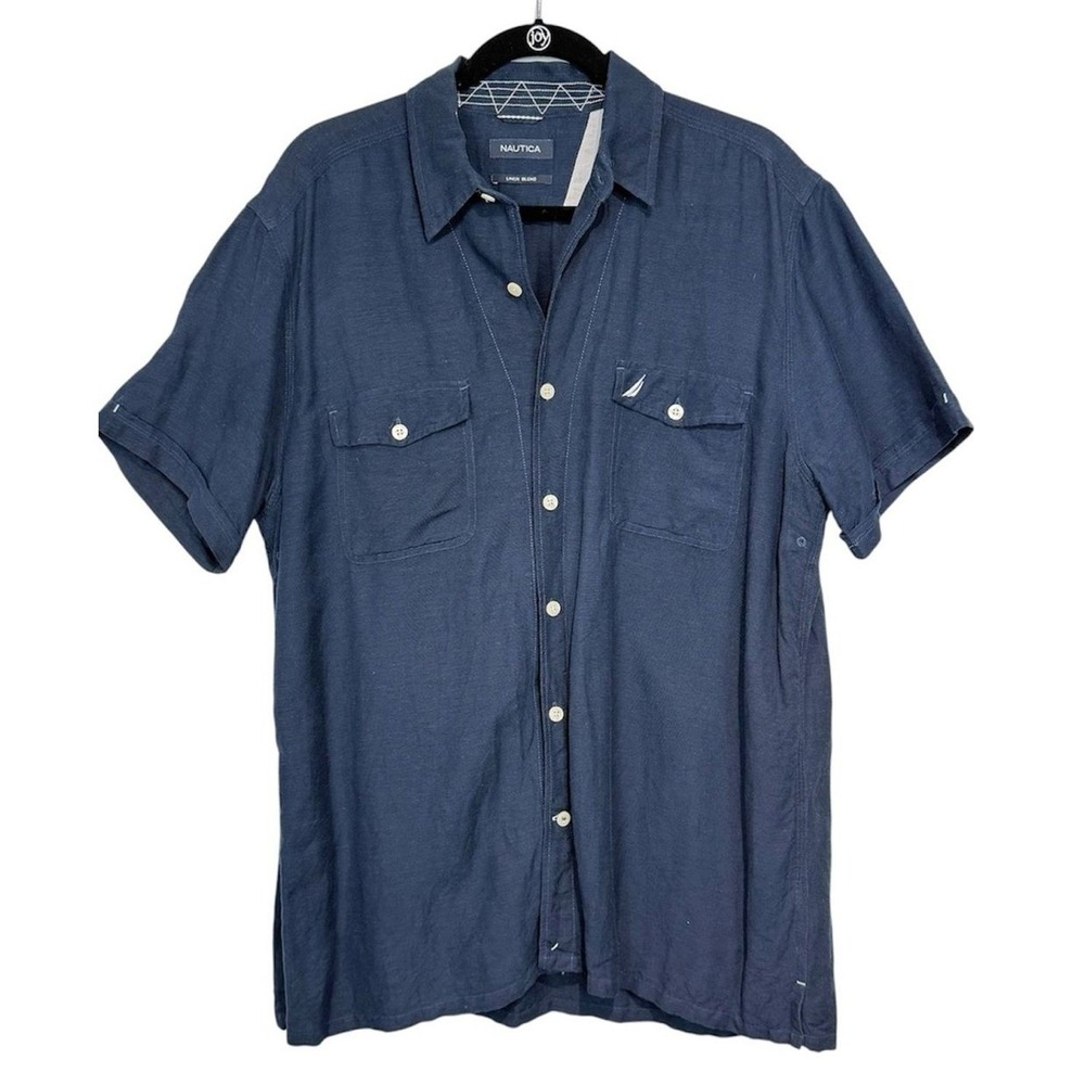 Nautica Linen Blend Shirt Mens Large Navy Short Sleeve Coastal Resort